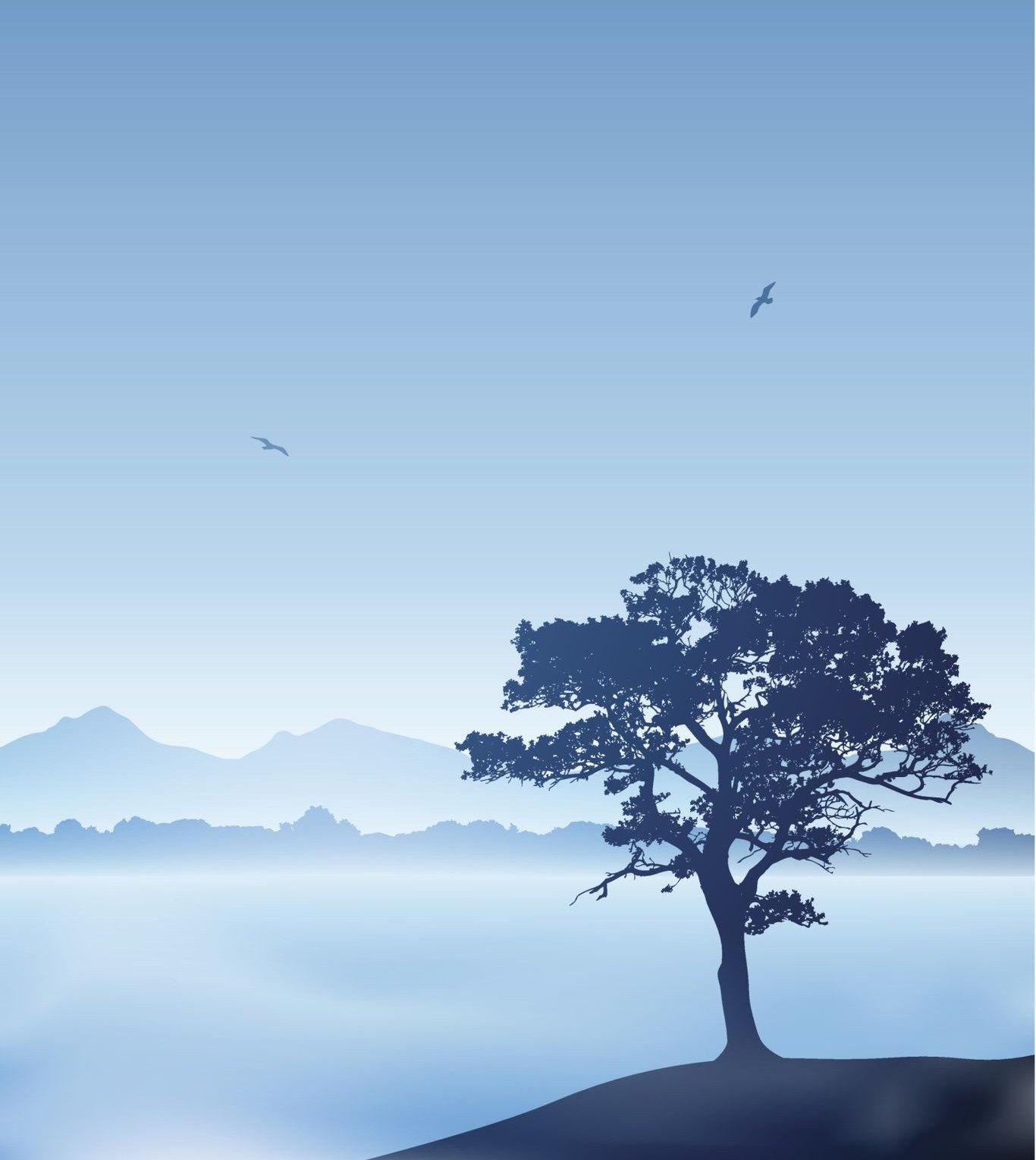 Silhouette eines Baums an einem stillen See mit Bergen und Vögeln